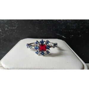 Red & Blue Rhinestone Silver Tone Metal Ring Size 6.75 Costume Jewelry
